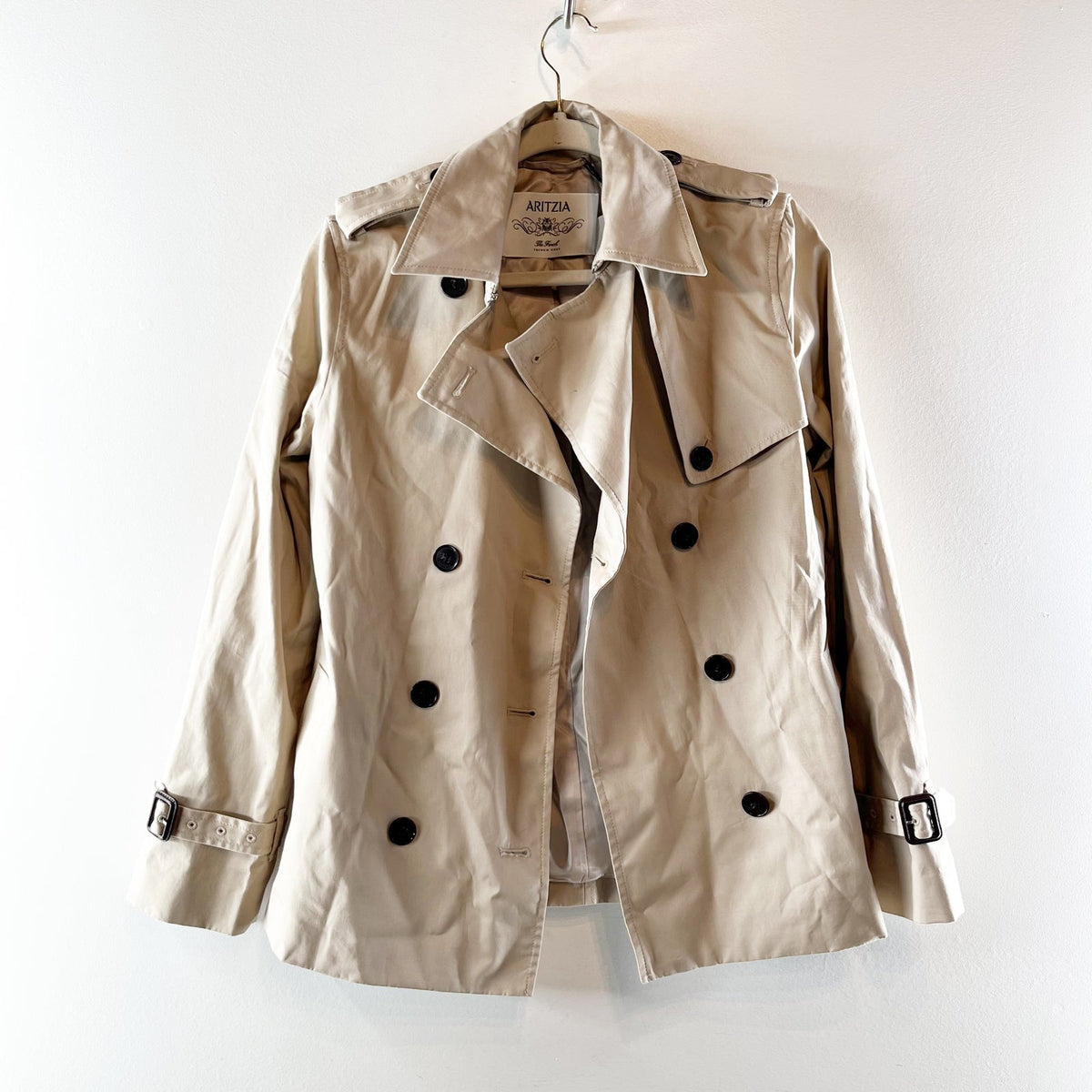 Aritzia The Finch Short Trench Coat City Twill Marcona Beige MISSING BELT XXS