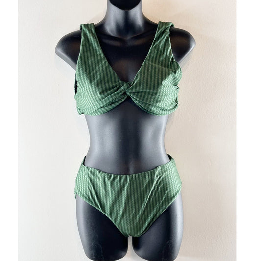 Estivo Striped Twist Front Bikini Top & High Waisted Bikini Bottom Set Green M