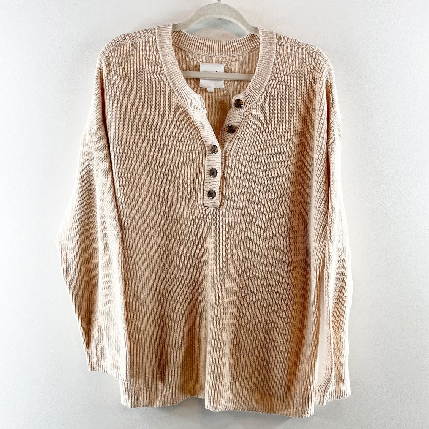 Aerie Long Sleeve Ribbed Oversized Henley Sweater Beige Tan Medium