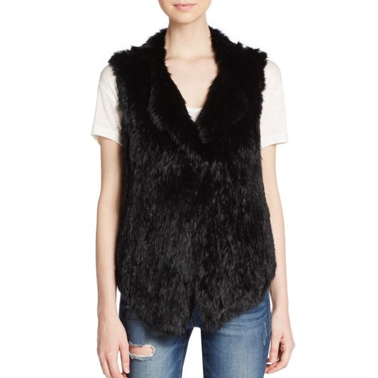 Joie Andoni Sleeveless Draped Open Front Rabbit Fur Vest Black Small
