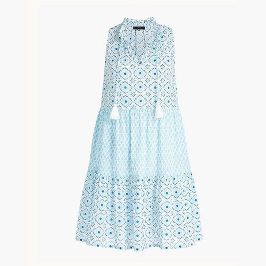 J. Crew Sleeveless Cotton Tiered Babydoll Tunic Cover Up Mini Dress Blue Small