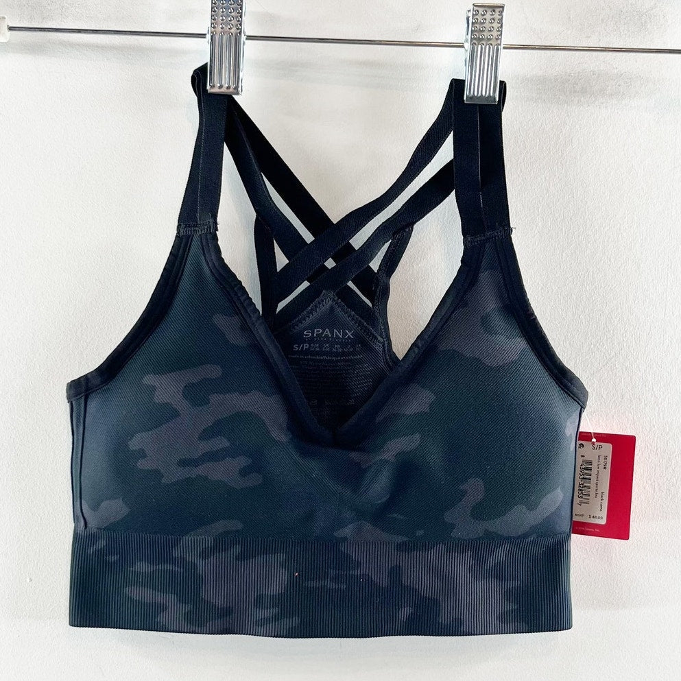 Spanx Look at Me Now Low Impact Strappy Back Active Sports Bra Black Camo Small