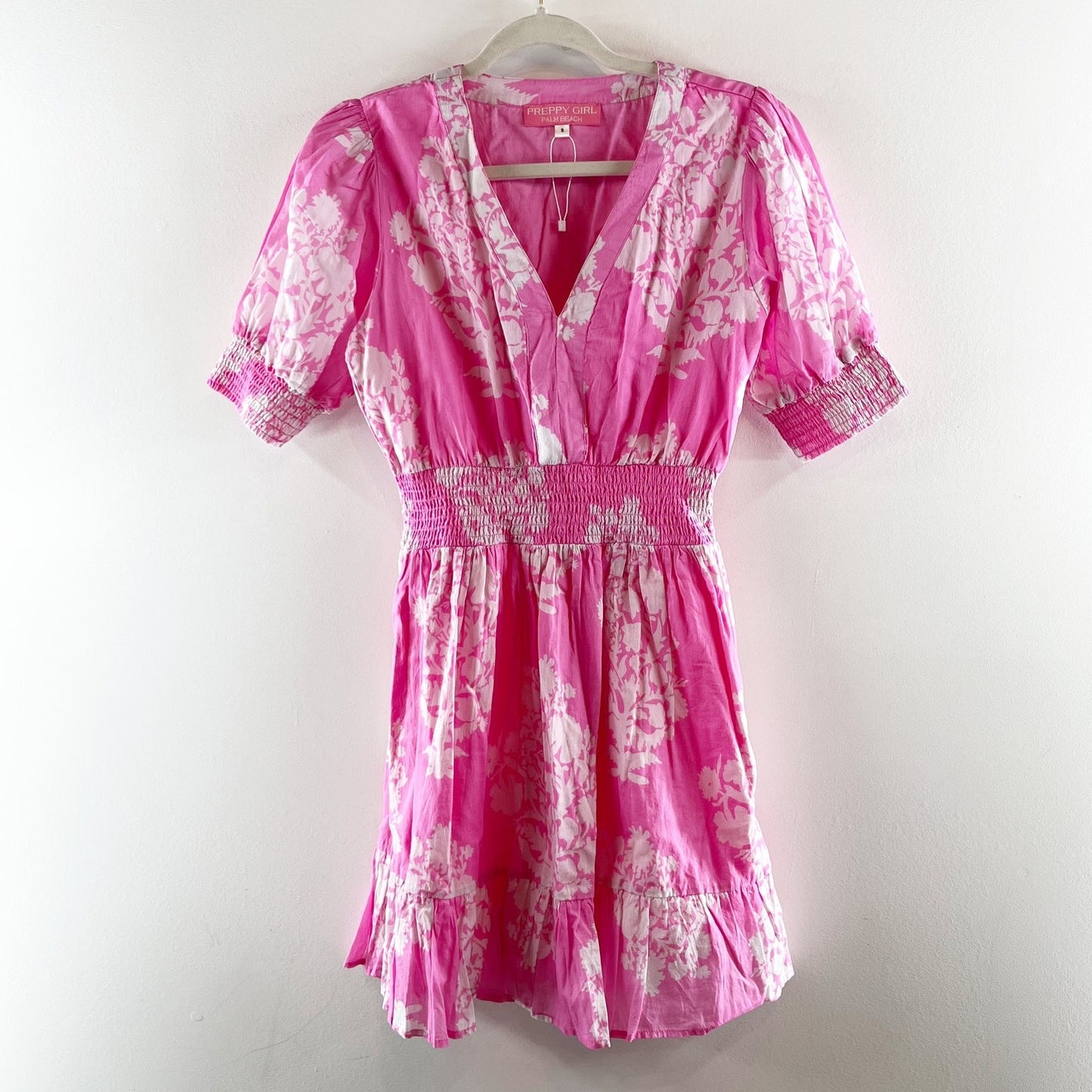 Preppy Girl Palm Beach Short Sleeve Floral Print Mini Dress Pink Small