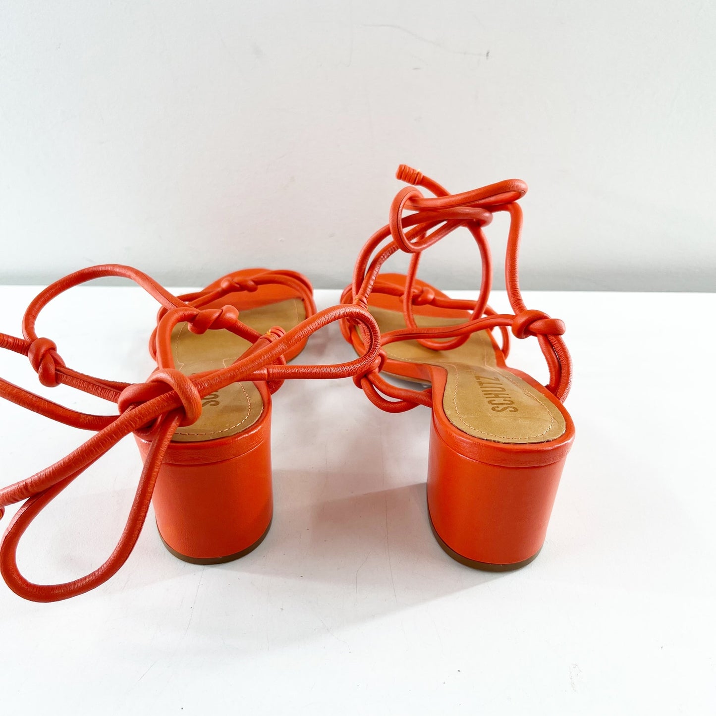 Schutz Nicky Mid Block Heel Ankle Wrap Leather Shoes Sandals Flame Orange 7.5