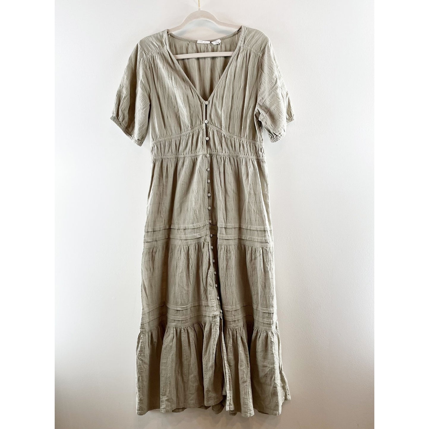 Lucky Brand Cotton Button Up Tiered Short Sleeve Maxi Dress Green Large