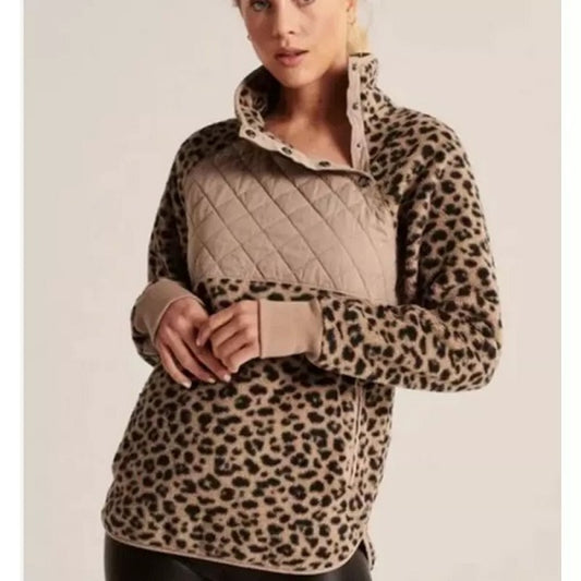 Abercrombie & Fitch Asymmetrical Snap-Up Leopard Print Fleece Sweater Brown L