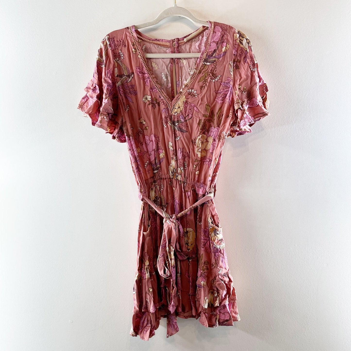 Spell and The Gypsy Rosa Play Short Sleeve Floral Belted Mini Dress Blush Pink S