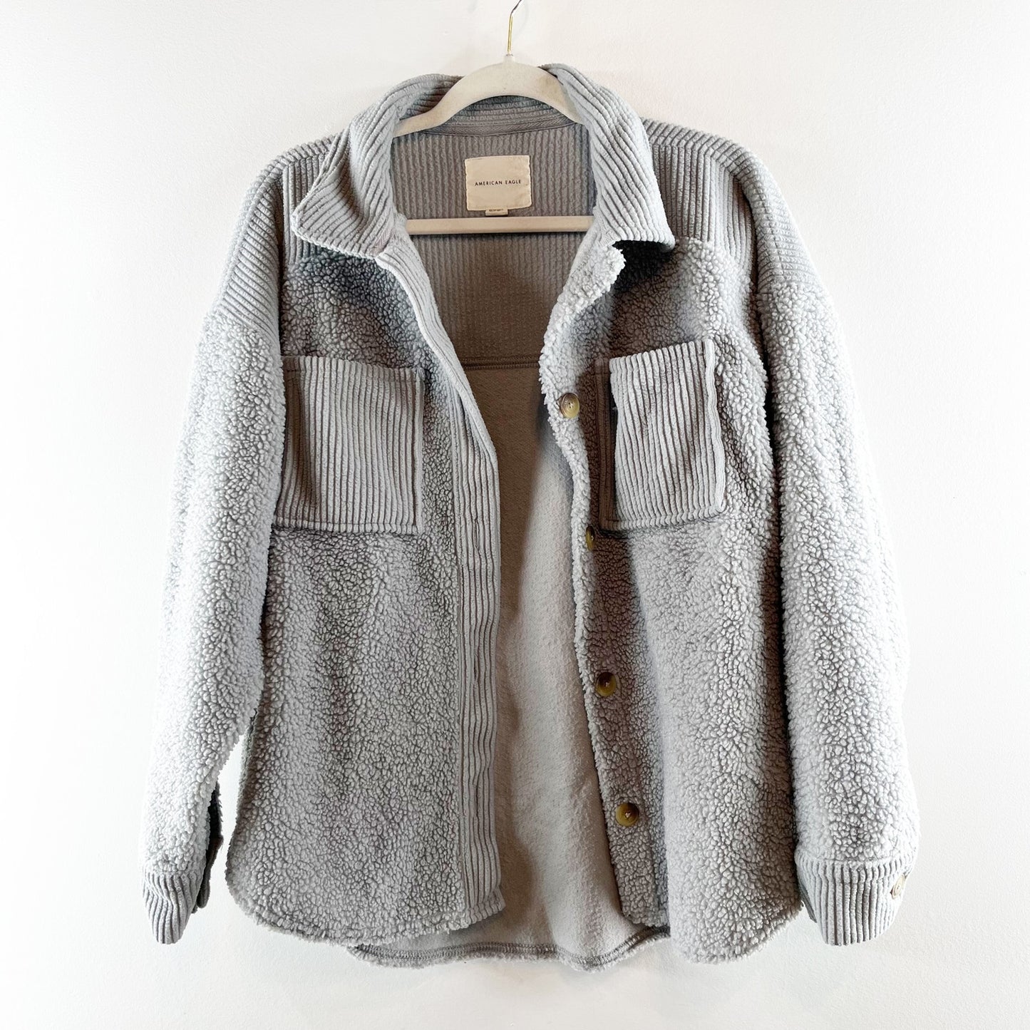 American Eagle Oversized Cozy Sherpa Jacket Shacket Gray XS