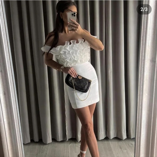 ZARA Ruffle Off Shoulder Mini Dress White Medium