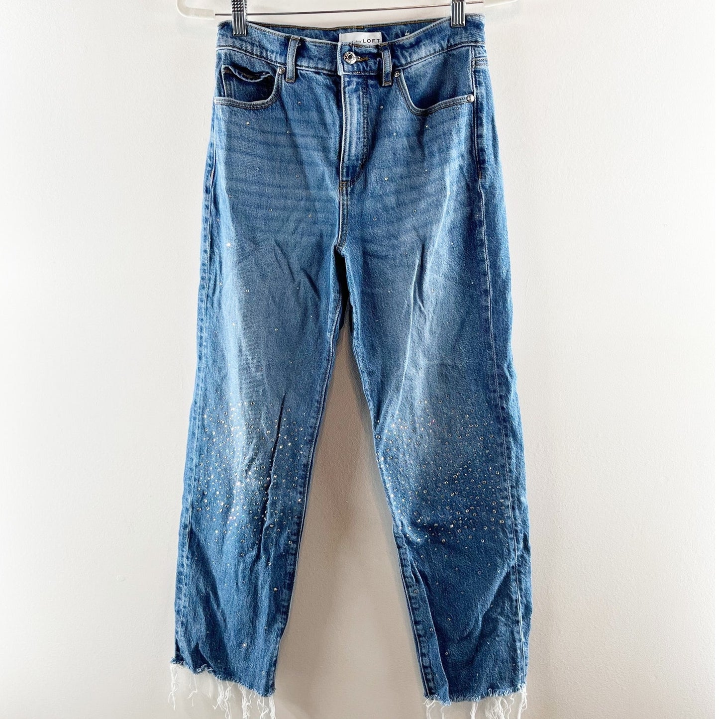LOFT High Rise Straight Leg Raw Frayed Hem Rhinestone Jeans Blue 2 / 26