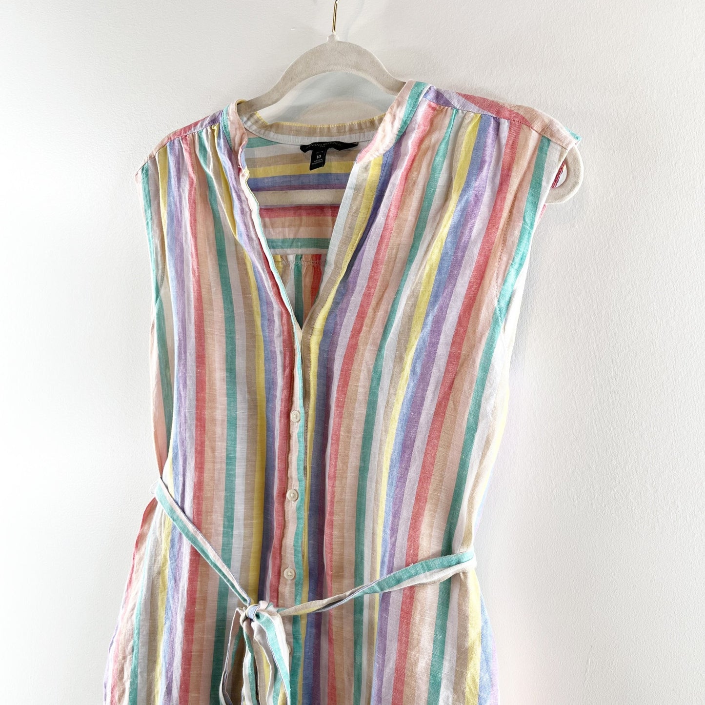 Banana Republic Striped Linen Blend Belted Shirt Midi Dress Multi 10 Petite