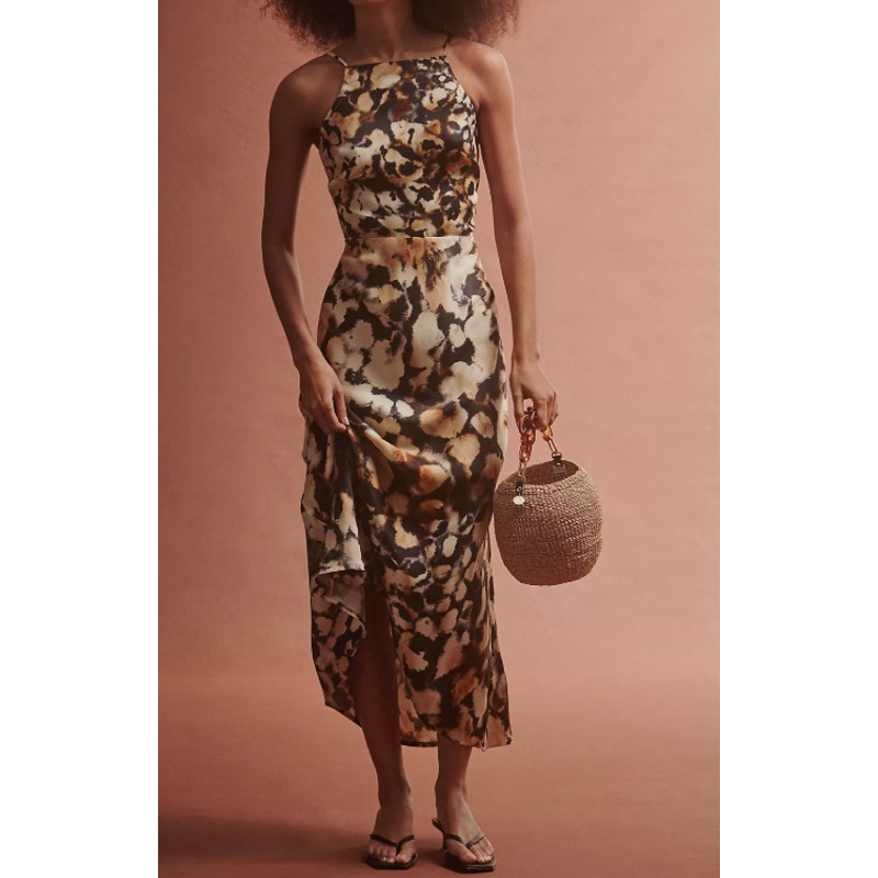 Conditions Apply Anthropologie High Neck Midi Slip Dress Leopard Black Tan Small