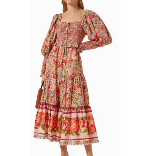 Farm Rio Macaw Flight Smocked Cotton Long Sleeve Midi Dress Pink Red Small