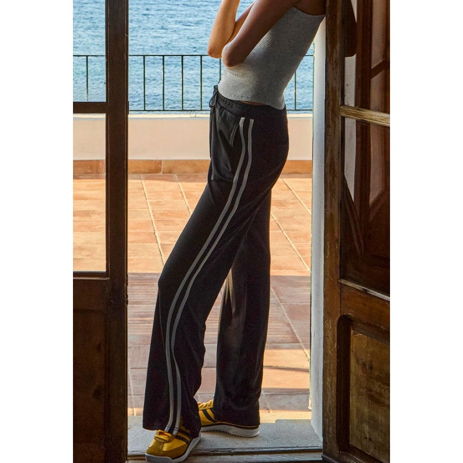 Upside Down Roma Striped Pull On Drawstring Wide-Leg Track Pants Black XS / US 4