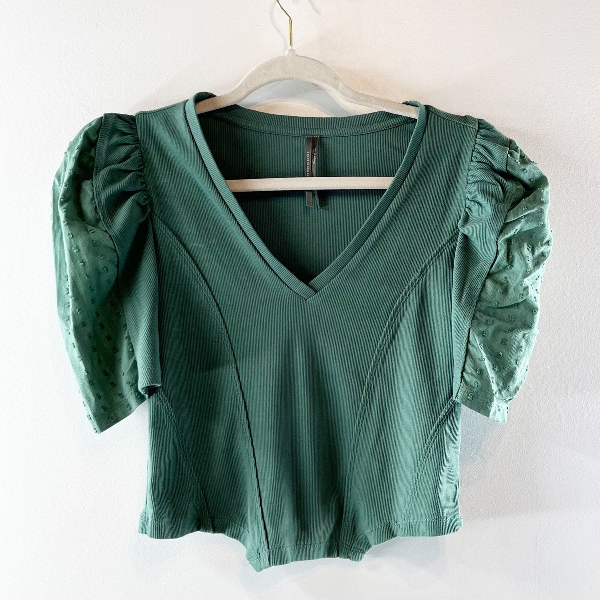 Anthropologie Structured V Neck Puff Sleeve Top Green XS Petite