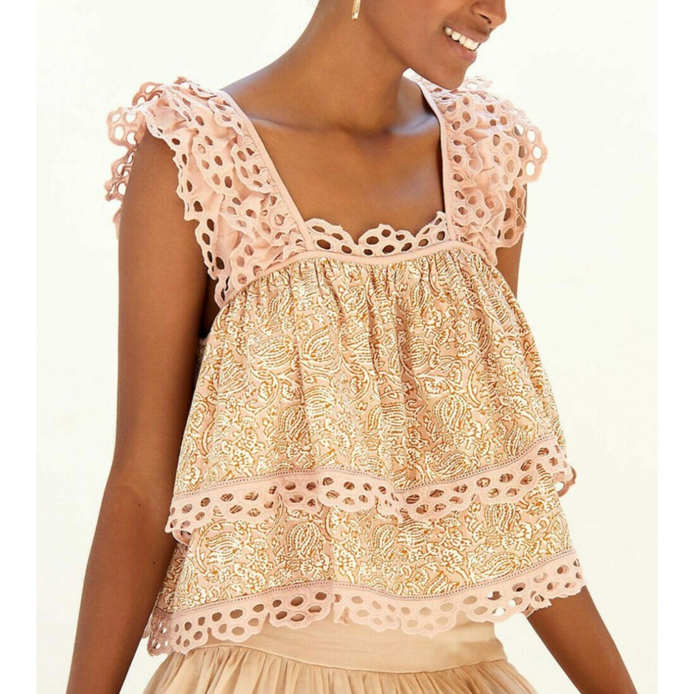 Anthropologie Let Me Be Ruffle Eyelet Tiered Swing Tank Top Pink Tan XS