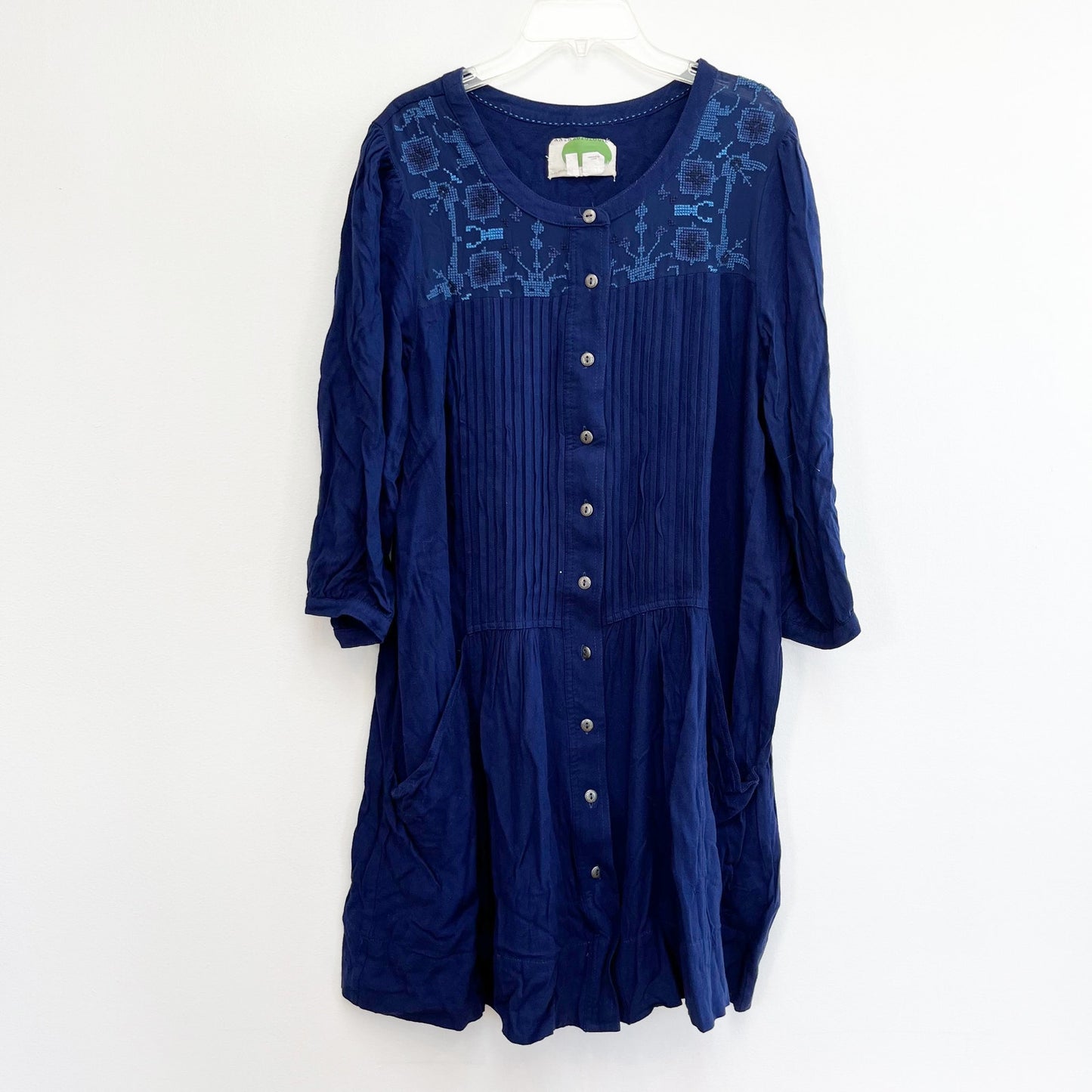 Anthropologie Dubois Pleated Embroidered Tunic Mini Dress Blue 14