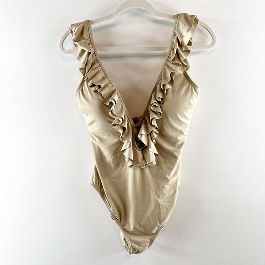 Michael Kors Plunge Ruffle Trim Open Back One Piece Swimsuit Gold Tan 14