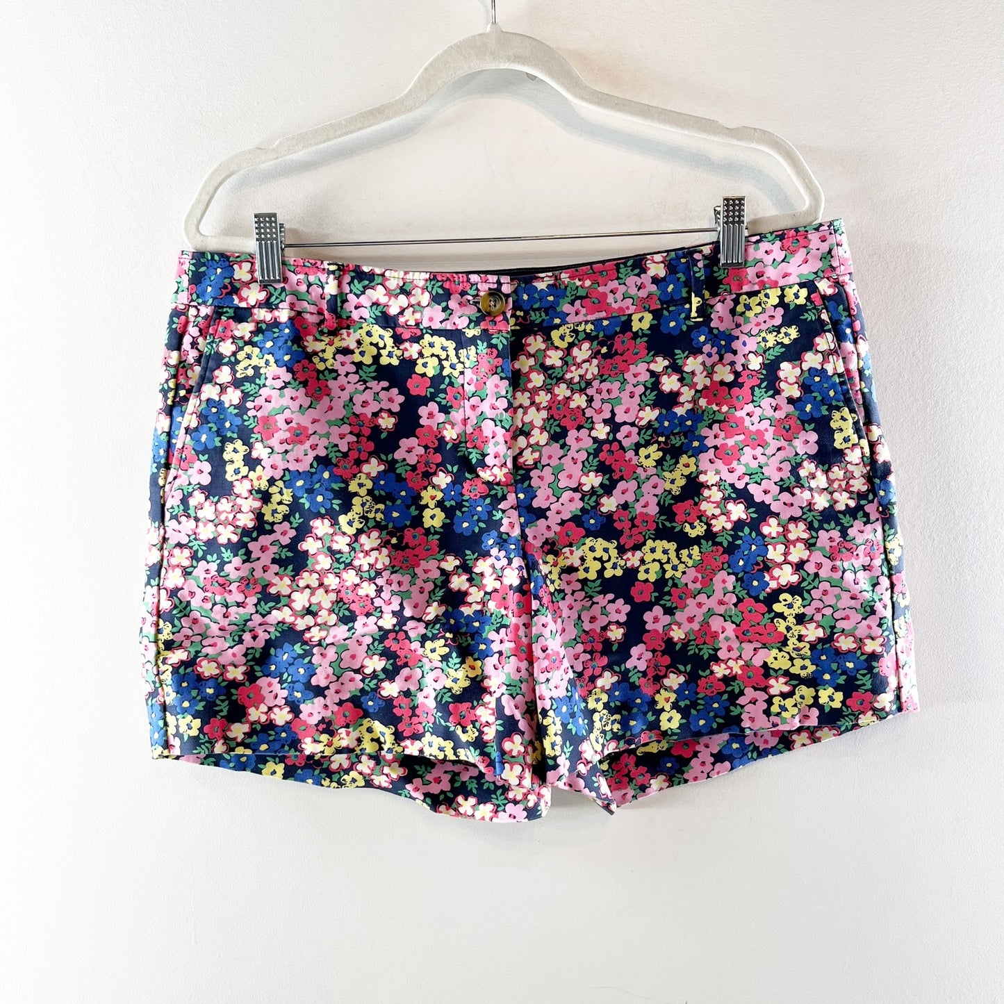 Boden Floral Richmond Mid Rise Flat Front Chino Shorts Blue Pink 12