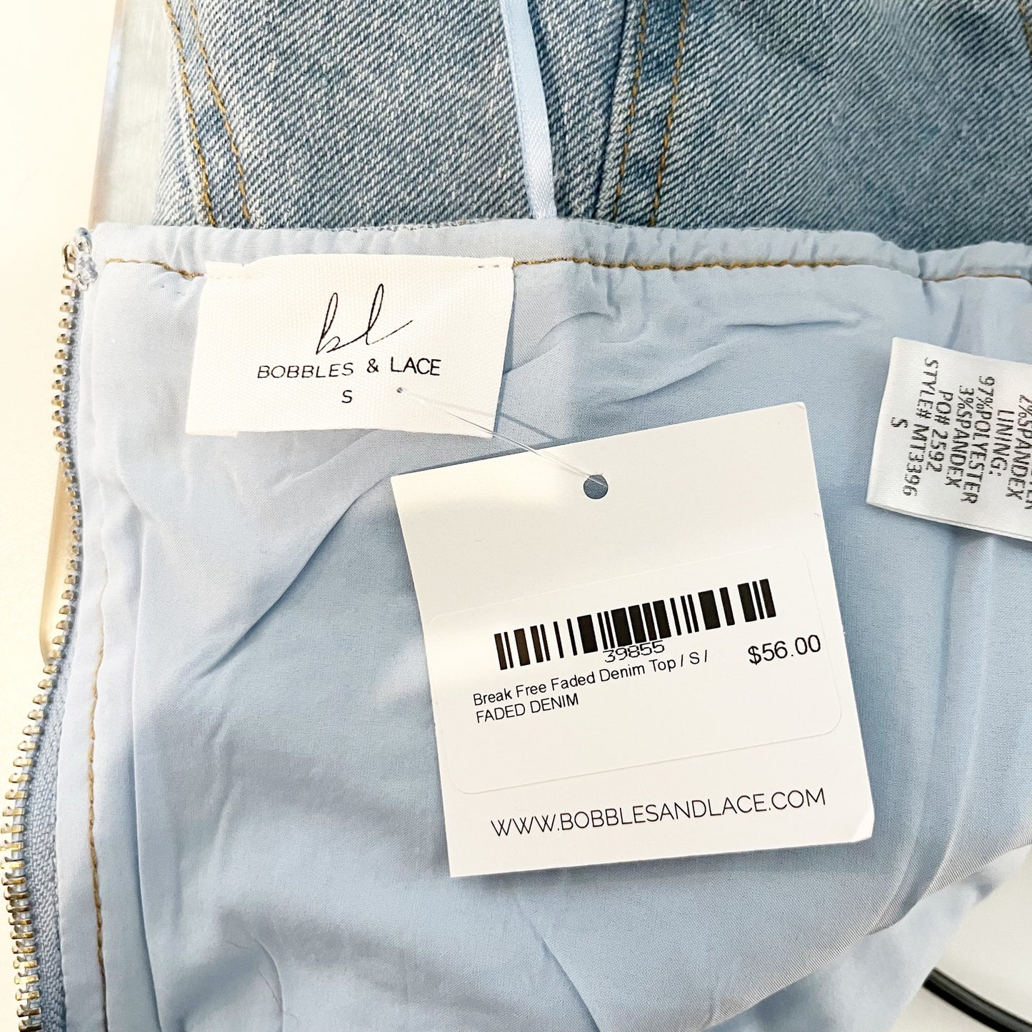 Bobbles & Lace Break Free Faded Denim Cropped Tube Corset Top Blue Small