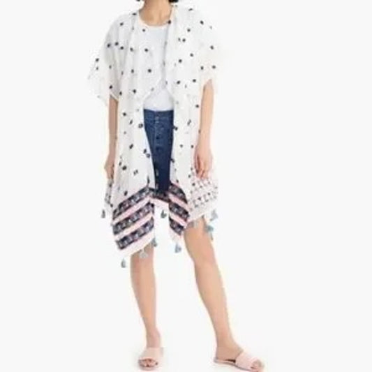 J. Crew Embroidered Tassel Trim Cotton Boho Beach Cover Up Poncho White