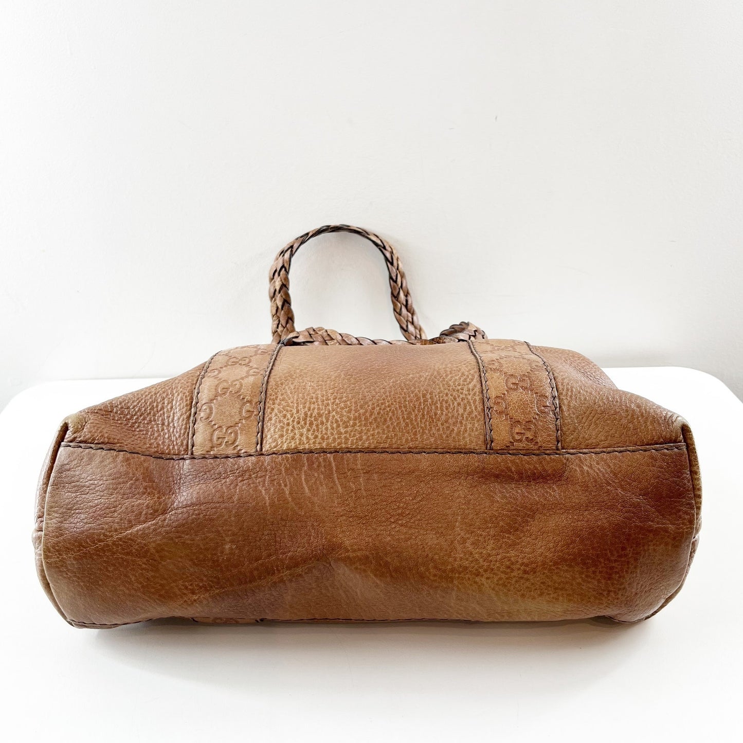 Gucci GG Vintage Signature Leather Bamboo Bar Woven Handles Tote Bag Purse Brown