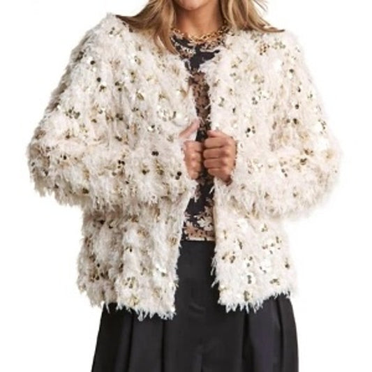 Skies are Blue Open Faux Fur Lined Sequin Jacket Coat Cream Gold Large