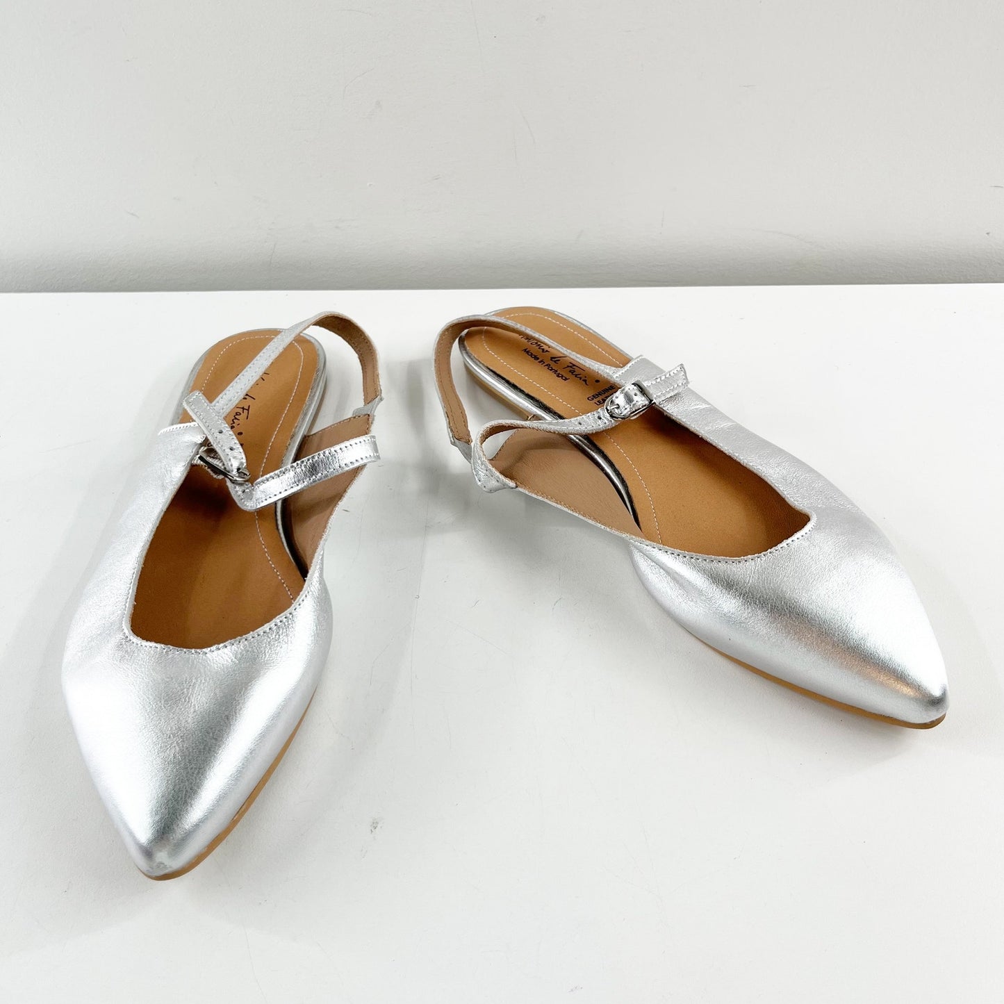 Antonio De Faria Anna Leather Slingback Mary Jane Pointed Toe Flats Silver 9