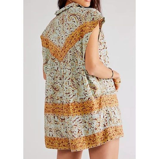 Free People Telly Floral Waistless One Piece Romper Green Yellow Large