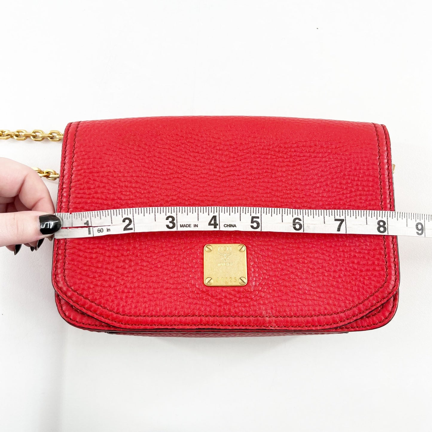 MCM Square Leather Crossbody Bag Gold Chain Flap Closure Red Gold