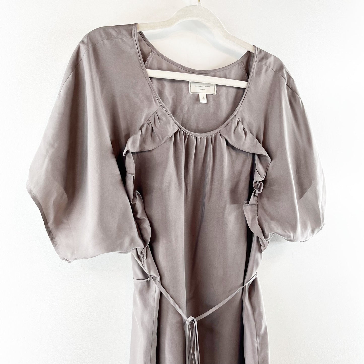 Moulinette Soeurs Short Puff Sleeve Belted Silk Mini Dress Dove Gray 6