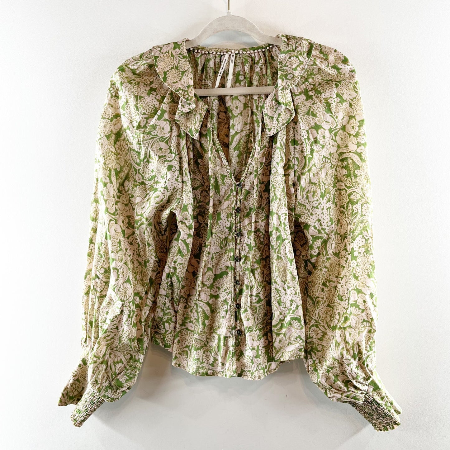 Anthropologie Floral Ruffled V-Neck Peasant Blouse Green Floral Print Small