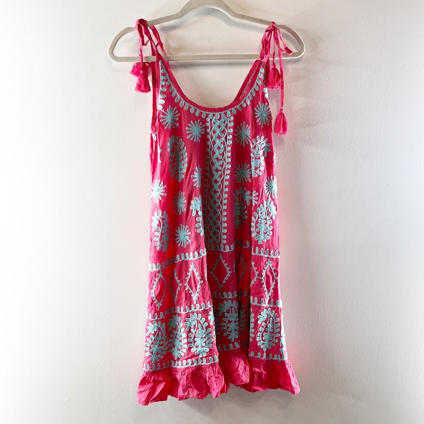 Pranella Remi Embroidered Tie Strap Ruffle Hem Mini Beach Dress Coral Pink Small