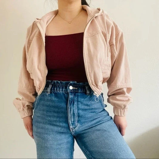 BDG Urban Outfitters Full Zip Cropped Hoodie Bomber Jacket Pink Tan Small