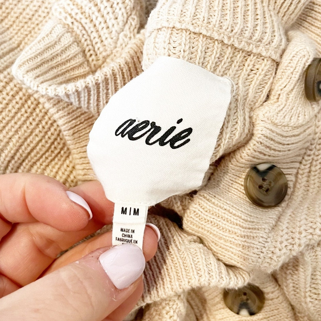 Aerie Long Sleeve Ribbed Oversized Henley Sweater Beige Tan Medium