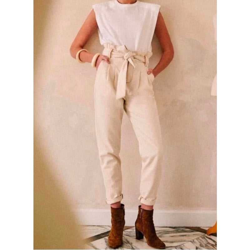 Sezane High Rise Paperbag Belted Tapered Straight Leg Jeans Cream 36