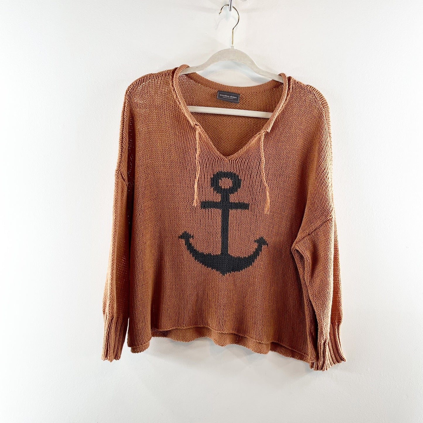 Wooden Ships Long Sleeve V Neck Cotton Anchor Sweater Brown M / L