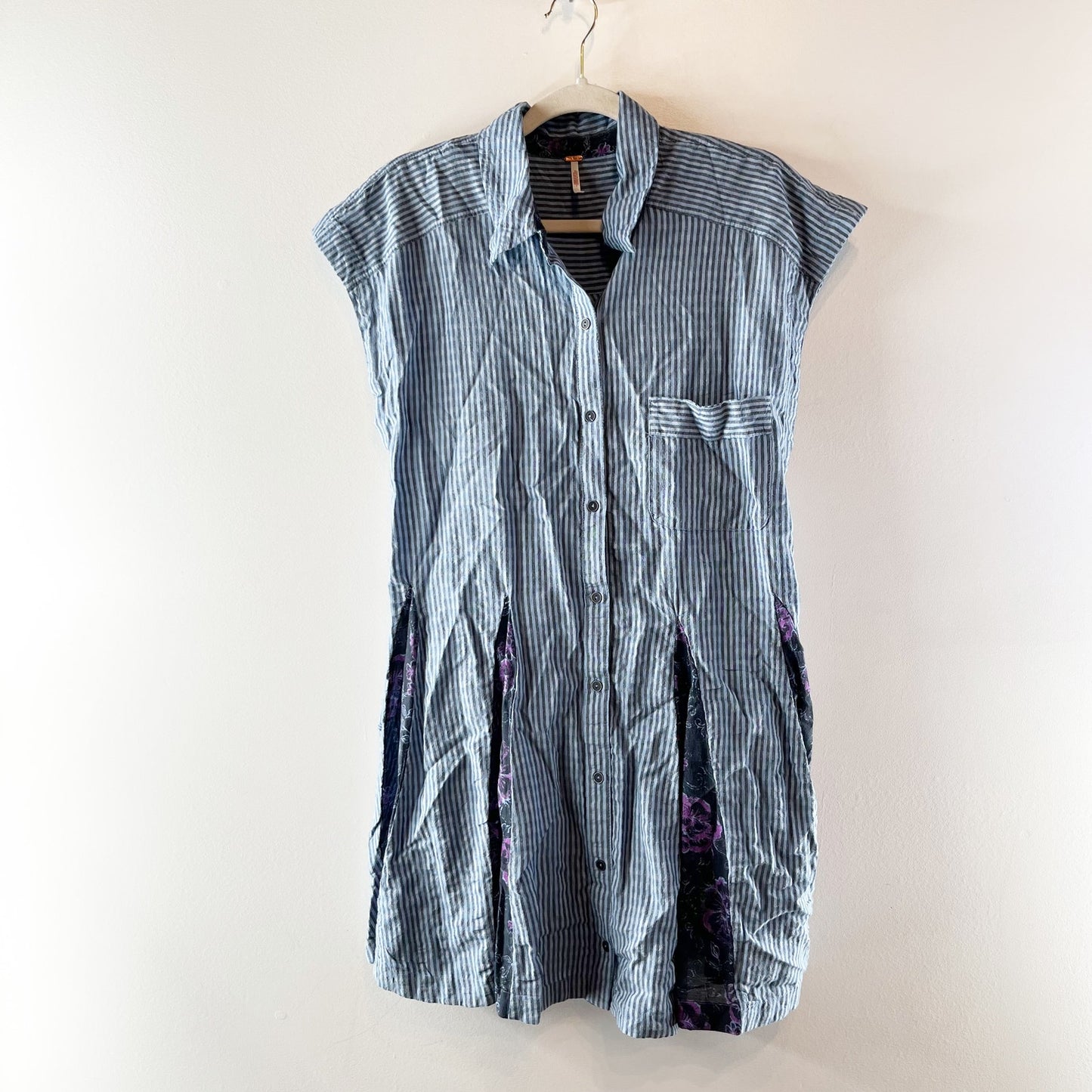 Free People Delilah Short Sleeve Button Up Mini Dress Blue Stripe /xs