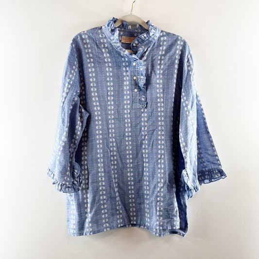 Rungolee Jacqueline Long Sleeve Ruffle Trim Collar Tunic Blouse Blue XL