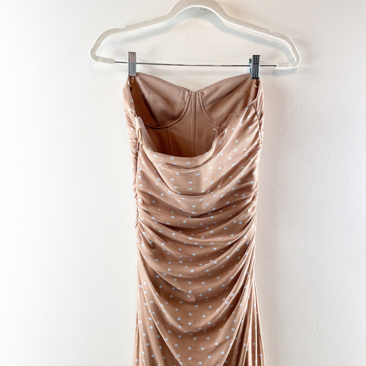 ZARA Strapless Polka Dot Tulle Ruched Slip Bodycon Maxi Dress Tan Beige Small