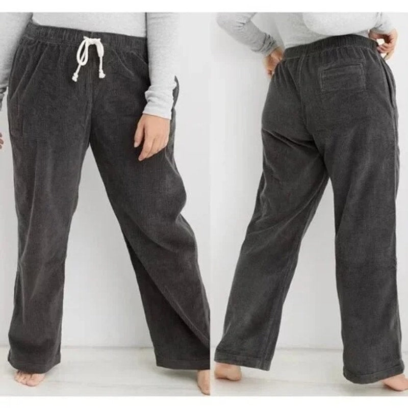 Aerie Corduroy Pull On Drawstring Baggy Wide Leg Pants Gray Small