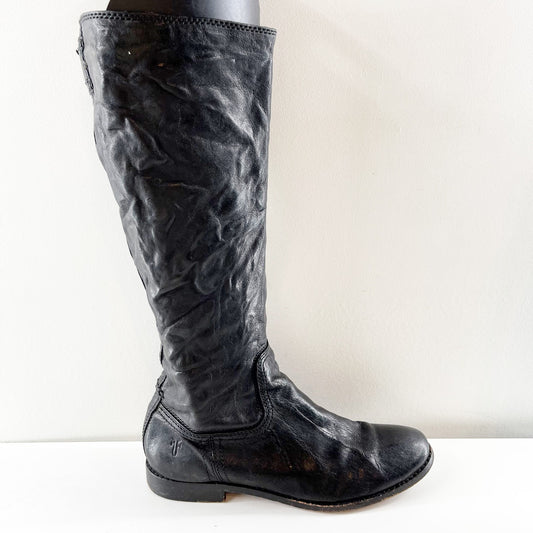 FRYE Anna Round Toe Flat Leather Riding Equestrian Knee High Boots Black 8