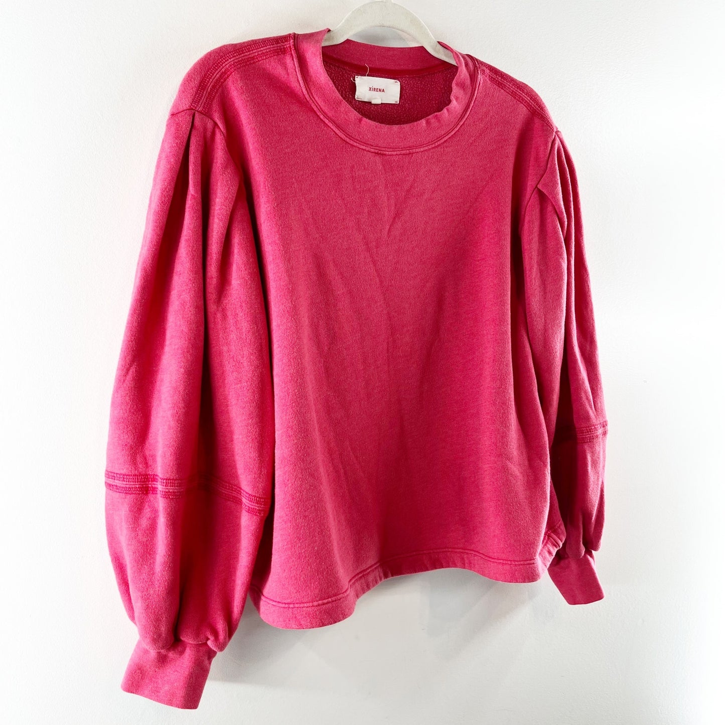 Xirena Cotton Blend Puff Sleeve Crew Neck Pullover Sweatshirt Pink Medium