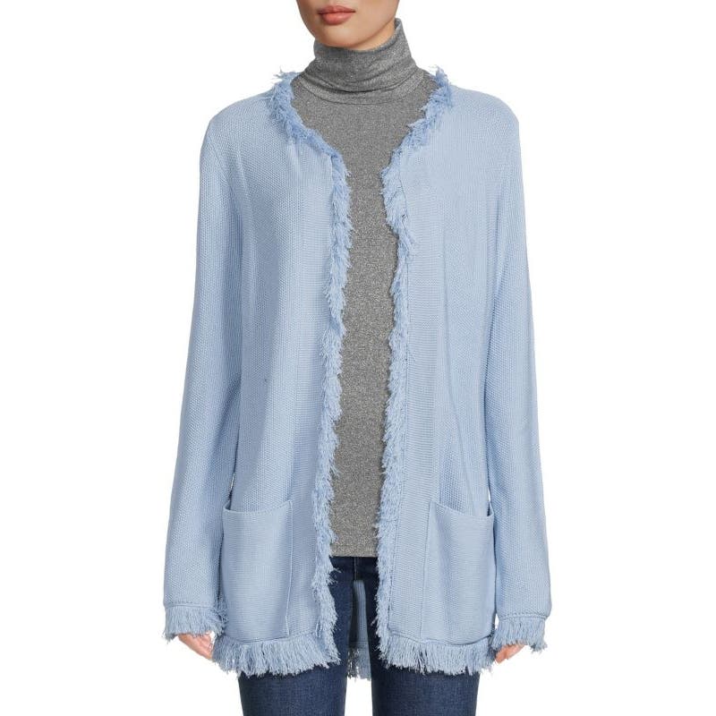 Les Copains Fringed Trim Open Front Cardigan Sweater Blue IT 50 / 1X