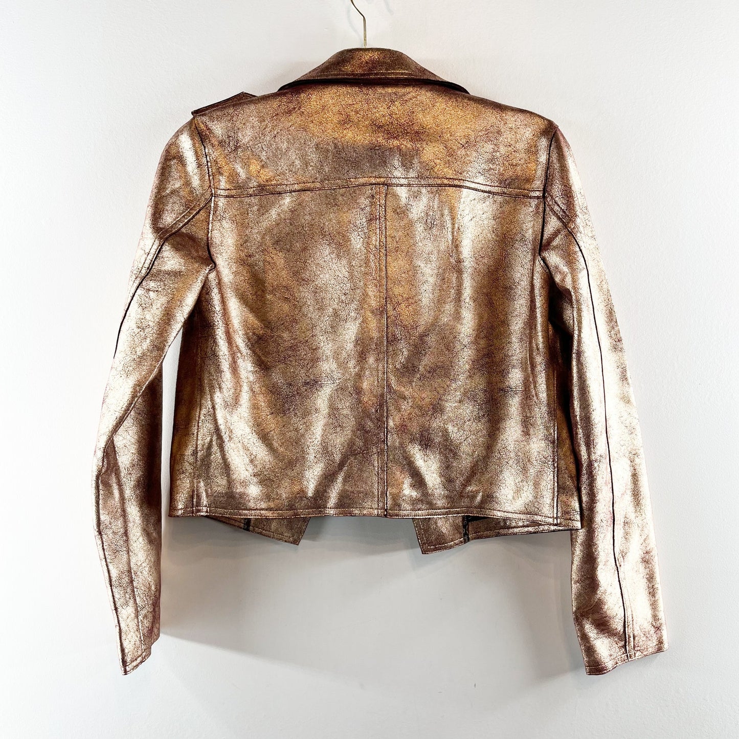 Anthropologie Brisa Metallic Cropped Faux Leather Moto Jacket Rose Gold Small