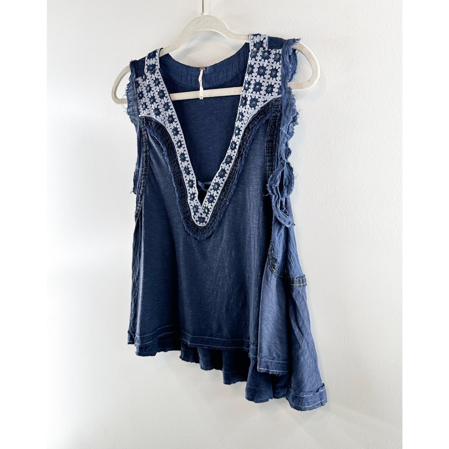 Free People Embroidered Cotton Linen Sleeveless Muscle Tank Top Blue XS