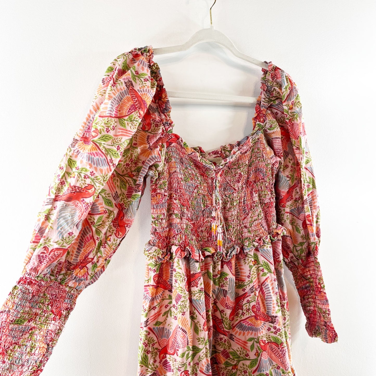 Farm Rio Macaw Flight Smocked Cotton Long Sleeve Midi Dress Pink Red Small