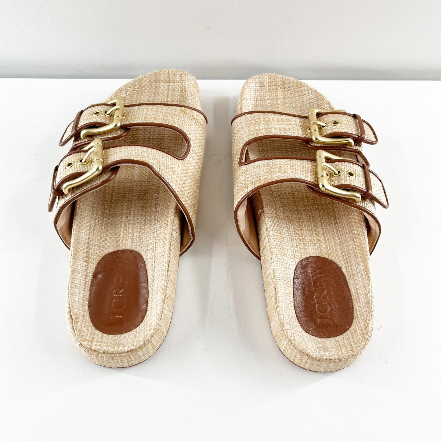 J. Crew Marlow Woven Raffia Leather Slip On Flat Slide Sandals Beige Tan 8.5