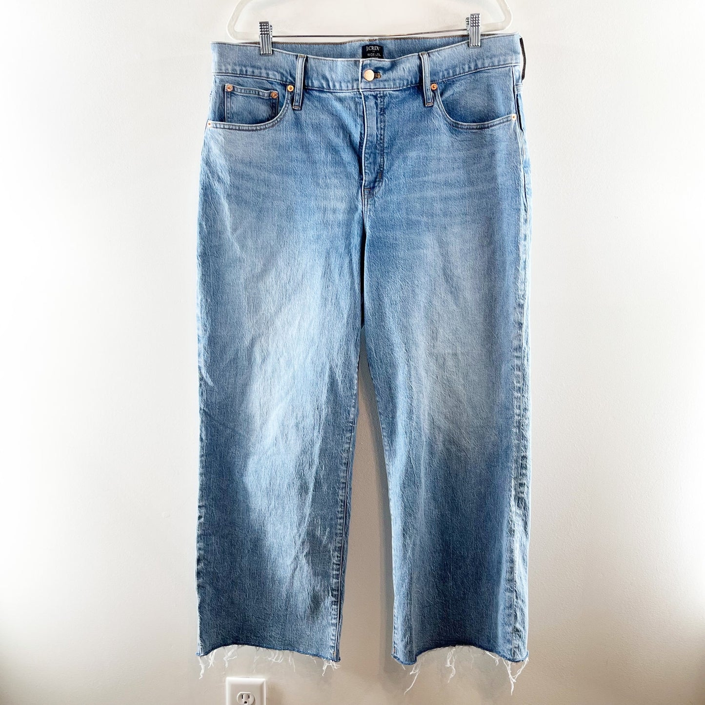 J. Crew High Rise Wide Leg Cropped Jeans All Day Stretch Raw Hem Blue 34 Tall