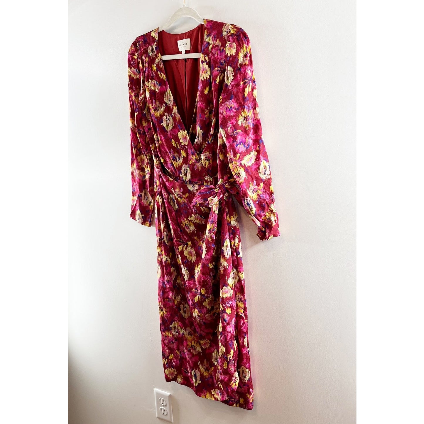 Sezane Long Sleeve V Neck Floral Wrap Midi Dress Pink Red 38 / US 6